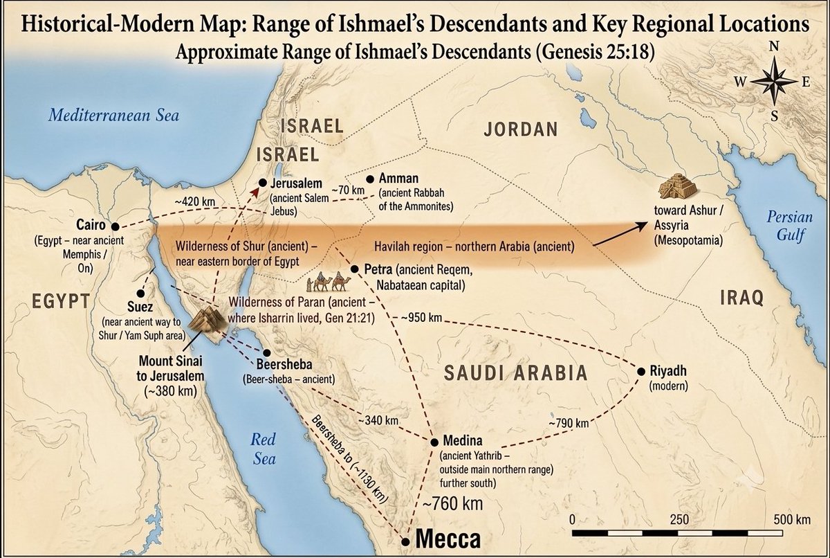 TrutTweets's tweet photo. Historical map with both ancient and modern names showing where the descendants of Ishmael settled according to Genesis 25:18. 
Included are distances between important locations. 
@belle_liuu 
@muslimorthodoxy https://t.co/b5lrtKSh49