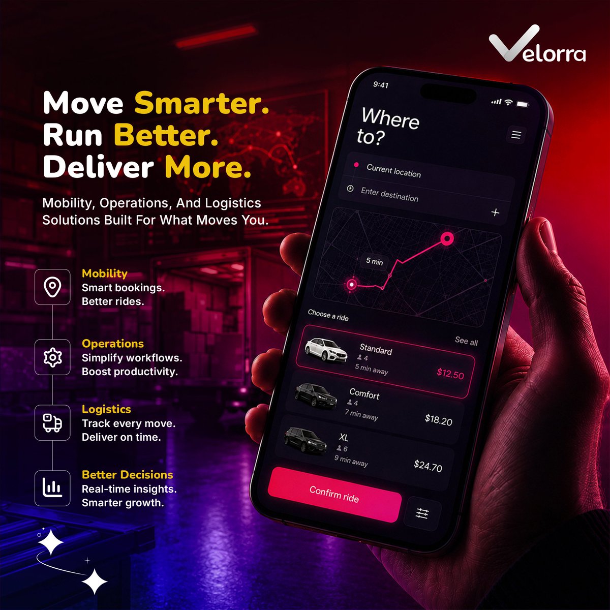 _Velorra_'s tweet photo. Move Smarter. Run Better. Deliver More.

@_Velorra_  Builds Apps That Power Mobility On Demand. Smart Routing. Live Tracking. Real Time Decisions.

Got An Idea That Needs To Move Fast? Let's Build It.

#Velorra #Mobility #Logistics #Operations https://t.co/fMHxWommA1