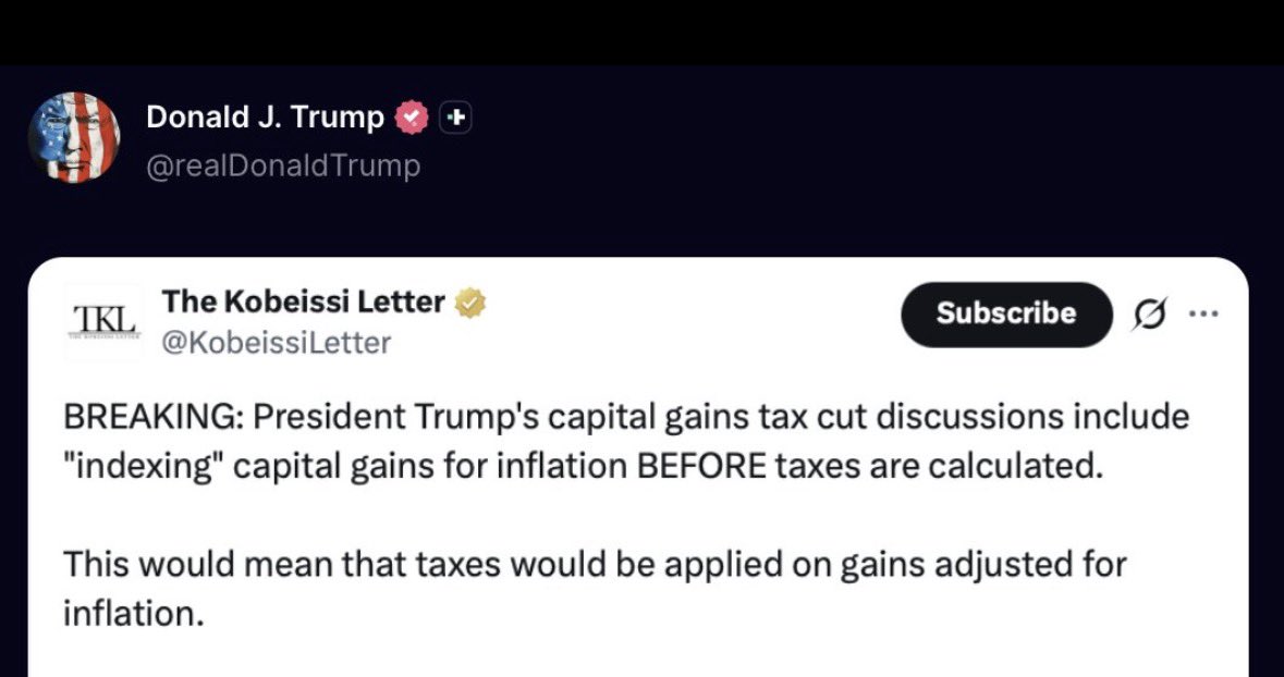 connectgurmeet's tweet photo. President Trump considering capital gains tax cut and indexing gains …

Globally countries value risk capital and would compete for it.. 

Hope we also course correct. There is no rationale for having both higher STT &amp; long term capital gains tax.. https://t.co/SclIJhaIZv