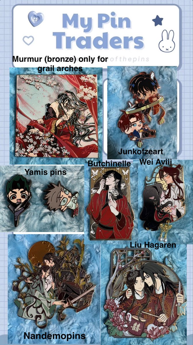 Fidgeytova's tweet photo. Kind of a long shot but I’m desperately DISO the Xie Lian and SQQ arches by milk hua.  These are some of my traders for them.  These pins are not for sale. https://t.co/jSYij98uPz