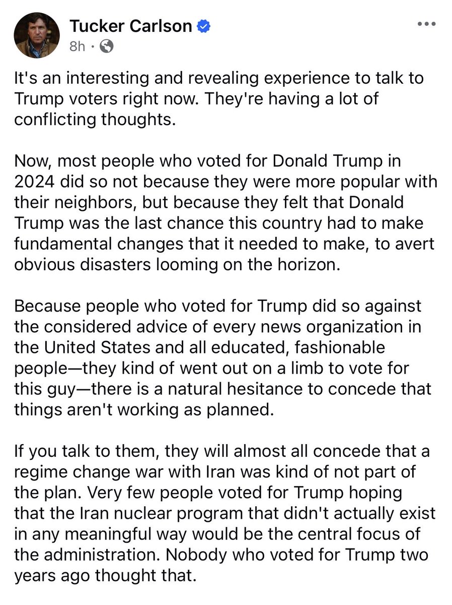 thespicypatriot's tweet photo. Tucker says we went out on a limb against every newsroom and every fashionable expert. He’s right about that part. Then he wants us to crawl back to those same experts and admit we were suckers. 🐍

Not happening!

The best people in this country did not elect “one of the worst.” They elected the only president in a generation who treats the Constitution like a job description instead of a costume. A man who doesn’t care what the cocktail circuit thinks is not the same thing as a man who doesn’t care about America. 🦅

If you’re waiting for a perfect saint who never makes a hard call in a hard world, you’ll be waiting while the border reopens, the cartels reload, and the same “educated” class that got everything wrong lectures you again.

We knew who we voted for.

We still know.

And we don’t regret it. ❤️🤍💙

Drop a 🔥 if you’re done being talked down to by people who ONLY love Trump voters when we’re useful.

LIKE ❤️ COMMENT “STILL TRUMP” SHARE this before they tell you the movement is over. 🔁

@realDonaldTrump @POTUS @TuckerCarlson #sthu #tuckercarlsonsucks #traitor #maga