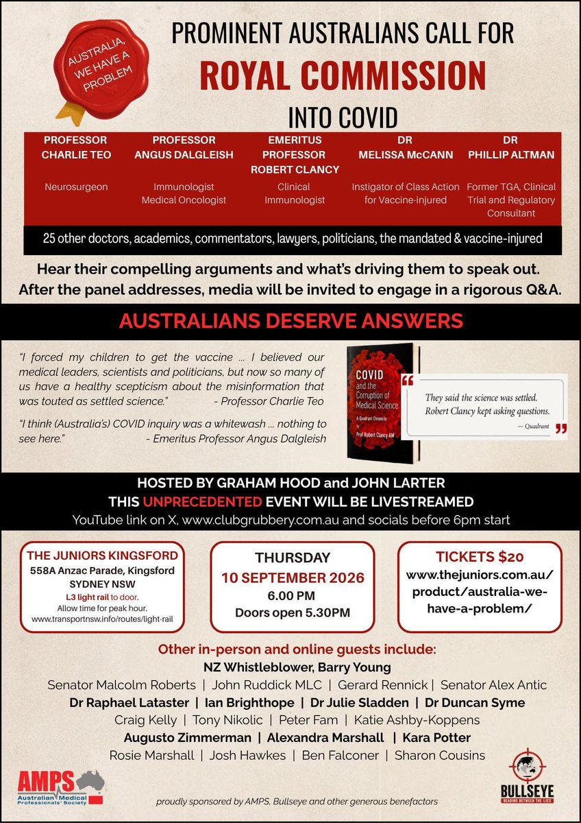 ClubGrubbery's tweet photo. Like us, hundreds of thousands of Australians have been screaming for truth and justice and a Covid Royal Commission to remedy and ease the division in this country.

Well, if ever there was a time to stand up and be counted, it's now!

With the explosive Fauci files now confirming what we were told in 2020-21, and highly respected and prominent people backing us in (including some BIG surprise guests), we've got a really good shot at forcing the government and bureaucracies to take notice. But we need you on board!

Please be part of the solution and join us at The Juniors Club Kingsford 6pm 10 September. $20 Tickets here: https://t.co/hAxn8ebrKY