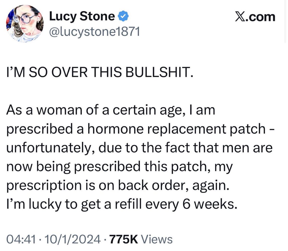 AlexM_Artist's tweet photo. @CerysSays There’s a shortage of HRT because men are taking it to grow tits. So women who actually need the meds are having trouble getting their prescriptions filled. That is a problem. Your fetish shouldn’t negatively impact women’s health. https://t.co/26TSX9XKQx