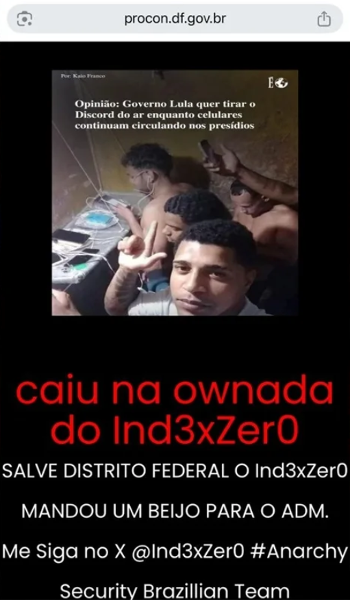 republiqueBRA's tweet photo. 💻 💥 Site do Procon-DF é hackeado e invasores exibem mensagem com críticas a Lula: “Governo Lula quer tirar o Discord do ar enquanto celulares continuam circulando nos presídios.” https://t.co/5k1ZsLm3nF