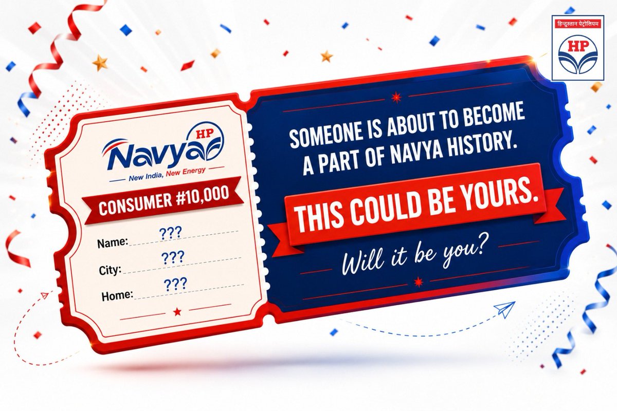 KolkataLpgro's tweet photo. Someone is about to become a part of HP Navya history… 👀❤️💙

The Navya family is racing towards a landmark 10,000 consumers, and one special spot is still waiting to be claimed! 🎟️✨

CONSUMER #10,000
Name: ???
City: ???
Home: ???

THIS COULD BE YOU! 🌟
Will your home be the one that takes HP Navya to 10,000?

#HPNavya #10000Consumers #NavyaFamily #NewIndiaNewEnergy #MilestoneMoment @HPCL @HPGAS_HQO