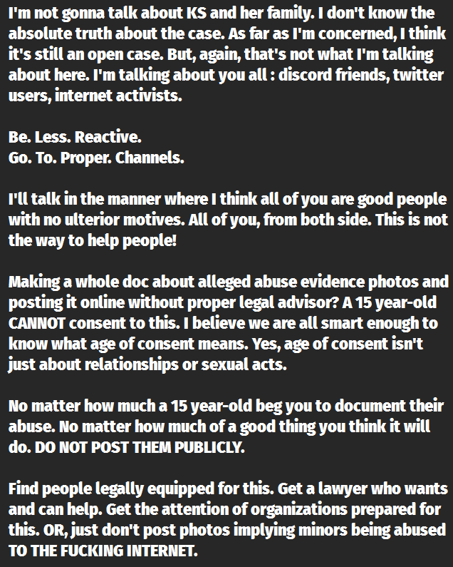 ChronoNEKO95's tweet photo. It's getting out of hand and it reached me who I believe is outside of the space it was meant to be around. I wasn't going to say anything about it but, really, it's harmful at this point.

So I'm calling out you all. Not the alleged victim or alleged abusers. You, twitter people https://t.co/jc7AKbrtxX