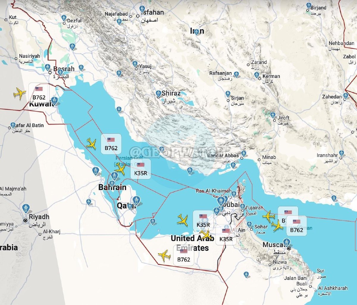 MarioNawfal's tweet photo. 🇺🇸🇮🇷 A striking amount of U.S. Air Force aerial-refueling activity is visible across the Persian Gulf and Gulf of Oman.

The tracking image shows multiple KC-135R Stratotankers and KC-46A Pegasus tankers operating from Kuwait and Bahrain down through the UAE and Oman.

Tankers are the plumbing behind sustained air operations, keeping fighters, surveillance aircraft and other assets airborne without constantly returning to base.

It doesn’t tell us what missions they’re supporting.

But that is a lot of flying gas stations in the air at once.

Source: GeoPolitics Watch on TG / Writer: Oliver