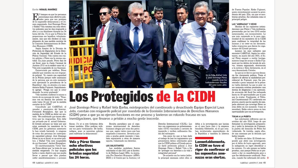 JoseLuisGil1000's tweet photo. El excelente artículo del periodista Miguel Ramírez de @Caretas pone en evidencia "privilegios"de seguridad con 8 efectivos de @PoliciaPeru para par de fracasados y sancionados ex fiscales José Domingo Pérez y Rafael Vela "ordenados" por la CIDH. 🤦‍♂️🤦‍♂️
Con 8 policías tendríamos dos equipos de inteligencia de búsqueda de criminales.
¡Basta! ¡Retiren policías a Domingo Pérez y Vela¡