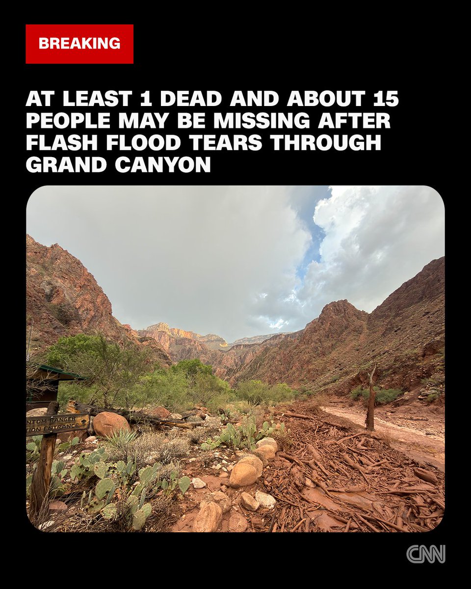 cnnbrk's tweet photo. One person has died and about 15 people may be missing at the Grand Canyon after a flash flood tore through the national park, destroying footbridges and forcing the evacuation of dozens of hikers and campers, according to park officials. https://t.co/XJ5rm8bk1V https://t.co/bNleEJnhxN