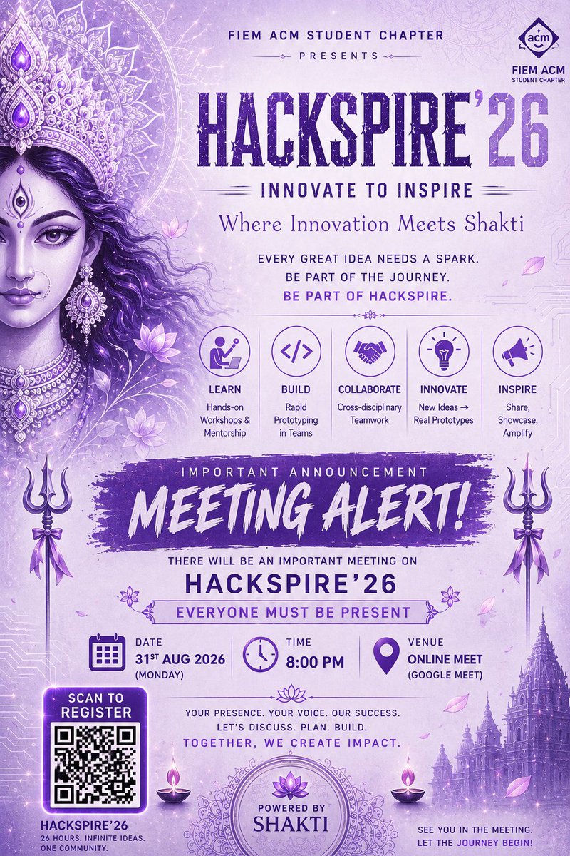 Srinjoy_18's tweet photo. โก Where Innovation Meets Shakti.
The spark is lit. The journey begins. ๐ฅ
Join the HackSpireโ26 meeting and be part of a community where ideas become impact.
๐
31 Aug | โฐ 8 PM | ๐ Google Meet
Learn. Build. Innovate. Inspire.
#HackSpire26 #BuildWithShakti #FIEMACM https://t.co/0lw2Vu6LKF