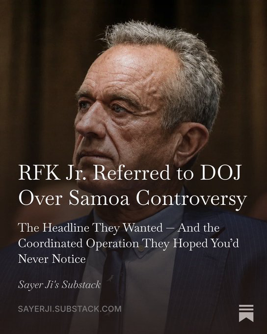 sayerjigmi's tweet photo. 🚨 RFK JR. “REFERRED TO DOJ.”

But the headline is not the real story.

On Aug. 27, AP, The Guardian, WaPo, PBS & New Republic unleashed the Samoa narrative within hours. A senator demanded a criminal investigation. Resignation calls followed.

Then I traced the document-release cadence.

Five tranches. Seven months. Each landing beside a major Kennedy vaccine-policy fight or campaign moment.

And the moral centerpiece — that RFK Jr. bears responsibility for 83 Samoan measles deaths — becomes far less certain when you examine the primary record:

• Only 1 of 83 deaths was autopsied
• Laboratory confirmation was limited as the outbreak expanded
• Samoa had been warned months before Kennedy arrived to launch mass vaccination
• Peer-reviewed modeling found the outbreak had already begun shrinking before the mass vaccination campaign started

The story isn’t the DOJ referral.

The story is the machinery behind it. 👇🔗https://t.co/OnoG8GG0l6
