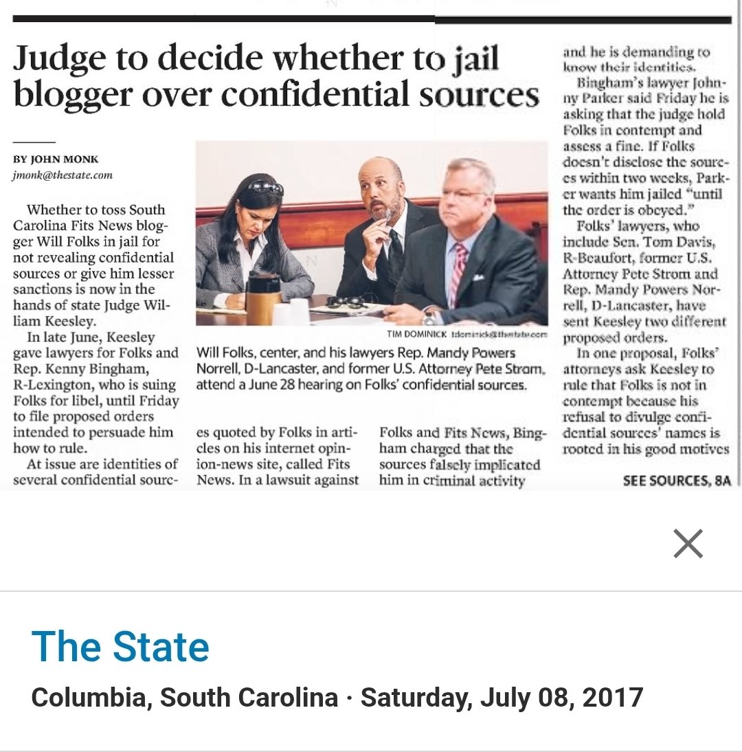 MelissaLGoforth's tweet photo. Almost forgot @MPowersNorrell represented @TheWillFolks,@fitsnews in Lexington County lawsuit almost a decade ago - time flies.
15-CP-32-1764
Kenneth A. Bingham v. William R. Folks, III and FITSNEWS, LLC
@jmonkatthestate
June 29 & July 8, 2017
#scpol #lexingtonsc #caycesc https://t.co/T4gdoa3yyQ