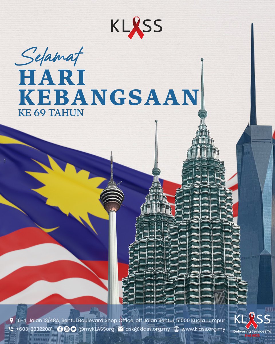 klass_my's tweet photo. ๐ฒ๐พ Selamat Hari Kebangsaan ke-69!
Semoga semangat kemerdekaan terus menyatukan kita, menguatkan rasa cinta kepada negara & mengingatkan kita bahawa Malaysia adalah milik kita bersama
Ikhlas dari seluruhwarga kerja Kuala Lumpur AIDS Support Services Society (KLASS).
#myKLASSorg https://t.co/0aFmLzmKhr