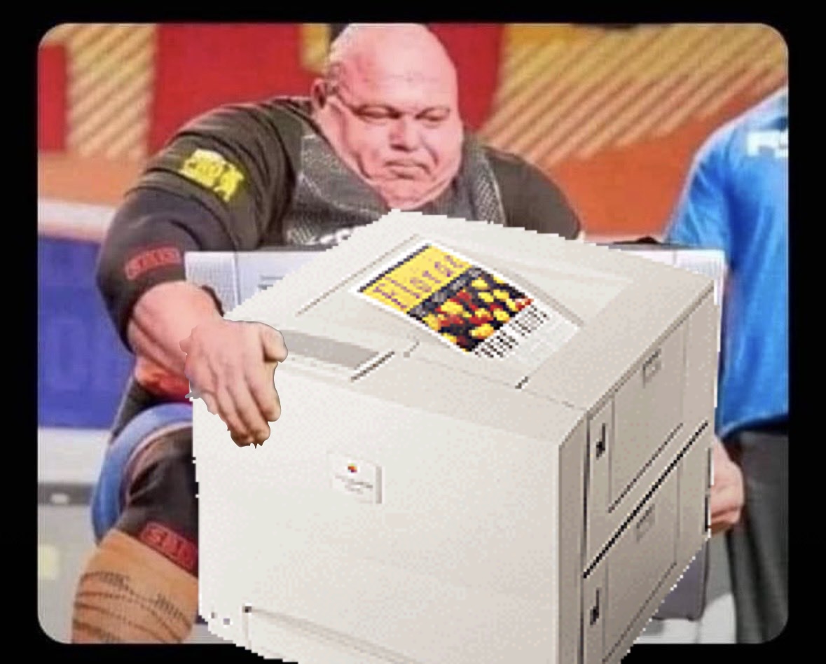 ClassicII_MrMac's tweet photo. The winners are.... 🥁

1. 110 lbs - Color LaserWriter 12/600 & 660 (1995/96)
2. 100 lbs - Xserve RAID + All Drives (2003)
3. 92 lbs - Apple Network Server 700 (1996)
4. 81 lbs - LaserWriter Pro 810 (1993)
5. 79.6 lbs - Macintosh 21-inch Color Display (1991)
6. 77 lbs - LaserWriter / LaserWriter Plus (1985/86)
7. 77 lbs - Apple Studio Display 21-inch CRT (1999)
8. 70.4 lbs - LaserWriter 8500 (1997)
9. 66 lbs  - Apple Multiple Scan 20 Display (1994)
10. 59.5 lbs  - Power Macintosh G3 All-In-One (1998)