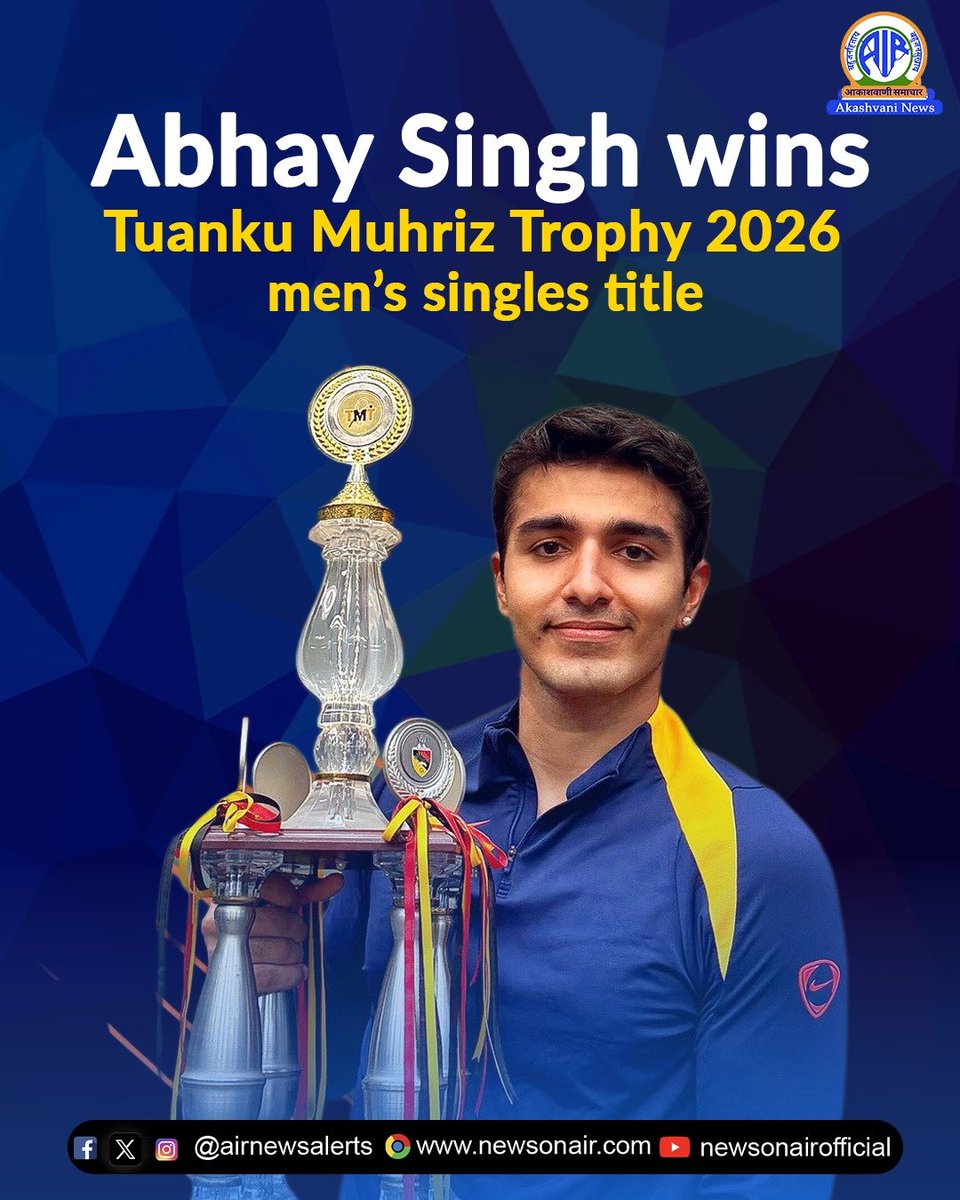 airnewsalerts's tweet photo. 🏆 In Squash, India’s Abhay Singh won the men’s singles title at the Tuanku Muhriz Trophy 2026 in Seremban, Malaysia.

Top-seeded Abhay defeated third-seeded Henry Leung of Hong Kong, China, 3-2 in the final of the PSA Challenger Tour 15 event. 

@indiasquash #IndianSquash #Squash #AbhaySingh #TunkuMuhrizTrophy