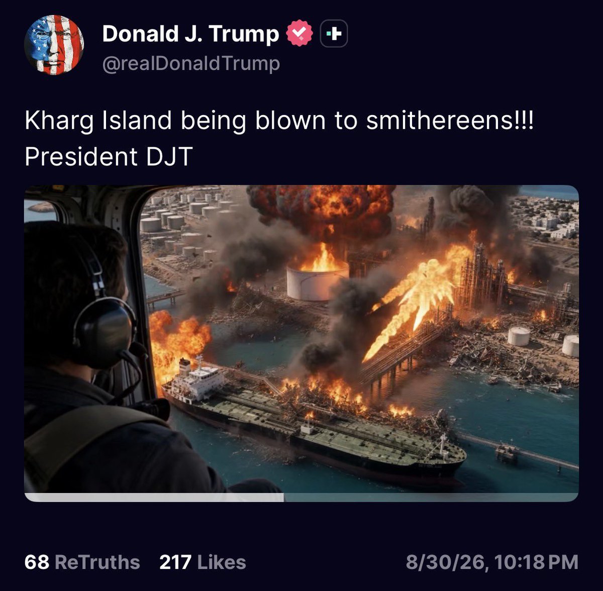 yuwonowhy's tweet photo. Trump posts an AI video of Iran’s Kharg Island “being blown to smithereens.”

You see ?
AI video 😁 
Is it a joke? https://t.co/jrYeXwFVvJ