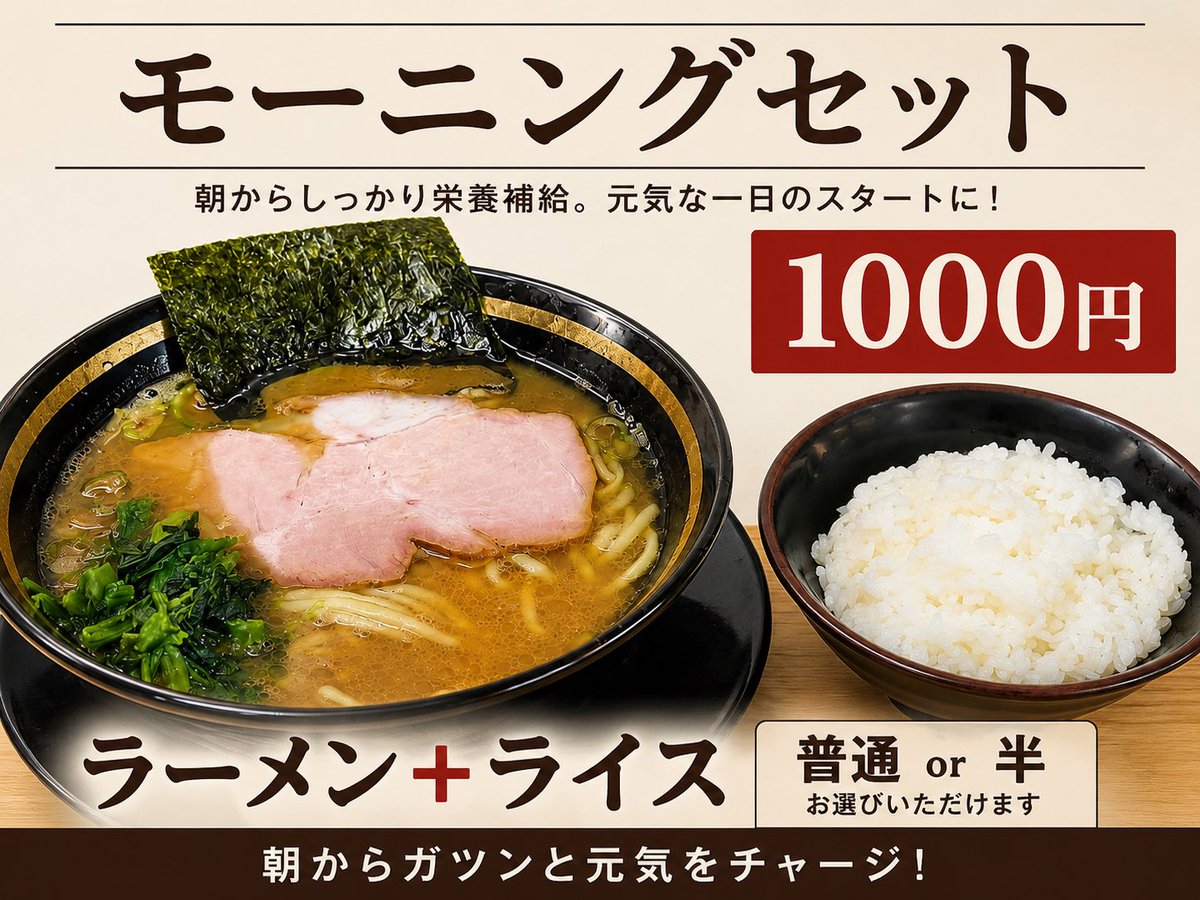 GAKUarai1's tweet photo. お知らせ！

明日9月1日(火)より昼の営業時間が変わります！
AM8:00からPM3:00(LO2:45)
8:00から10:30まではメニュー絞っての営業となります。
セットメニー　
ラーメン＋ライス(普通or半)1000円
メニュー含め色々と改良しながら進めてまいりますので宜しくお願い致します。

#家系ラーメンがく
#営業時間変更 
#モーニング