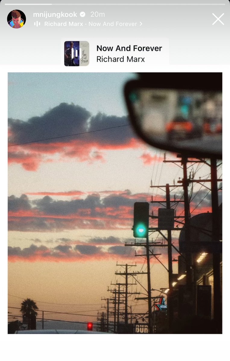 archiveforJK's tweet photo. jungkook on instagram📸 

[🎶 playing]: Now And Forever’ by Richard Marx https://t.co/6gxwVXknn4