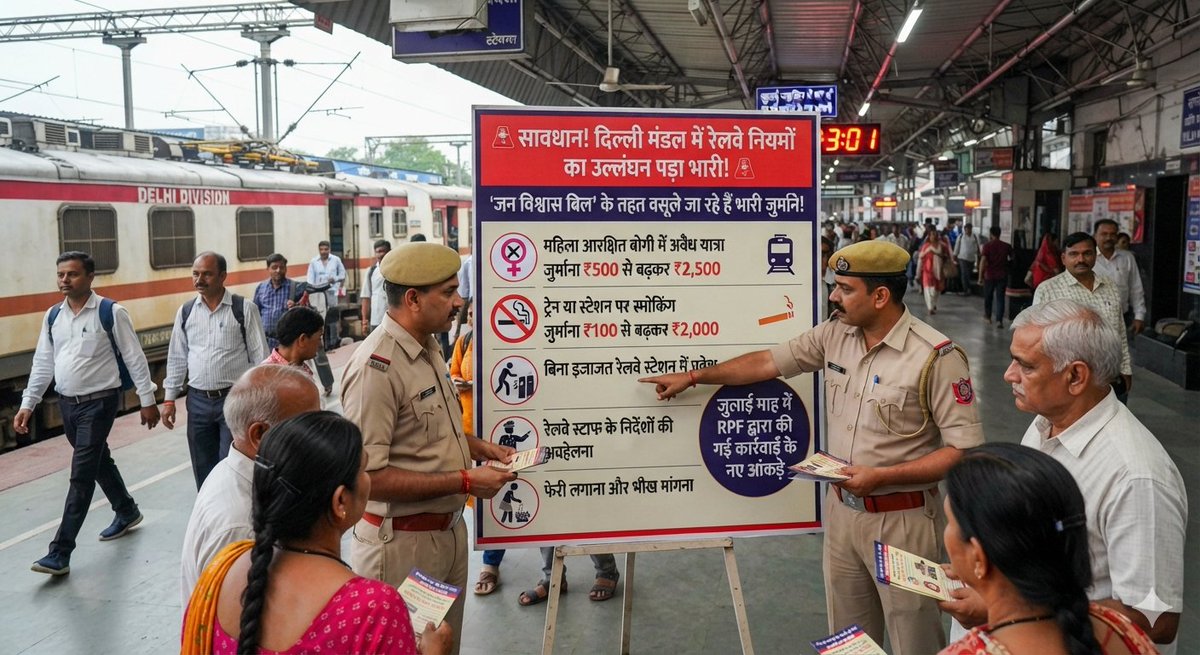 BiharRailUsers's tweet photo. 🚨 सावधान! दिल्ली मंडल में रेलवे नियमों का उल्लंघन पड़ा भारी, 'जन विश्वास बिल' के तहत वसूले जा रहे हैं भारी जुर्माने! 🚨
​दिल्ली मंडल में रेलवे नियमों का सख्ती से पालन कराने के लिए 'जन विश्वास बिल' लागू होने के बाद भारी जुर्माने की वसूली शुरू हो चुकी है। आरपीएफ (RPF) के नए आंकड़ों के अनुसार चालान संग्रह में जबरदस्त उछाल दर्ज किया गया है।
​🚞महिला आरक्षित बोगी में अवैध यात्रा: जुर्माना 500 रुपये से बढ़ाकर 2,500 रुपये कर दिया गया है, जिसके तहत जुलाई महीने में 302 आरोपियों से करीब 7.5 लाख रुपये वसूले गए।
​🚆ट्रेन या स्टेशन पर स्मोकिंग: अब स्मोकिंग करने पर जुर्माना 100 रुपये से बढ़ाकर 2,000 रुपये हो गया है, और जुलाई में 10 लोगों को पकड़कर करीब 20,000 रुपये वसूले गए।
​🚫बिना इजाजत रेलवे स्टेशन में प्रवेश: जुलाई महीने में बिना अनुमति प्रवेश करने पर करीब 5.9 लाख रुपये वसूले गए, जबकि मई में यह राशि 1.5 लाख रुपये थी।
​रेलवे स्टाफ के निर्देशों की अवहेलना: ड्राइवर या कंडक्टर के निर्देशों को न मानने पर जुलाई में कलेक्शन बढ़कर लगभग 7.2 लाख रुपये हो गया, जो मई में सिर्फ 1.2 लाख रुपये था।
​🫴🏻फेरी लगाना और भीख मांगना: रेलवे परिसर में फेरी लगाने और भीख मांगने पर कलेक्शन बढ़कर करीब 5.3 लाख रुपये हो गया।
​सीनियर डिविजनल सिक्योरिटी कमिश्नर (RPF) आशुतोष पांडे के अनुसार, जन विश्वास बिल के तहत कई अपराधों को सिविल पेनाल्टी में बदला गया है ताकि क्रिमिनल कार्रवाई के बजाय इन्हें प्रशासनिक तरीके से निपटाया जा सके। रेलवे स्टेशनों और ट्रेनों में लगातार अभियान चलाए जा रहे हैं और यात्रियों को जागरूक किया जा रहा है। यात्रा के दौरान नियमों का पालन करें और सुरक्षित रहें!

@drm_dli