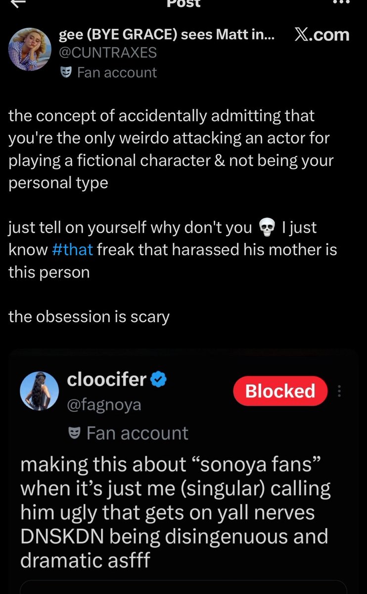 fagnoya's tweet photo. making fantasies about me because they can’t read #newlow  i didn’t say im the only person calling him ugly. (which i mean. i could embed the hit tweets yall should’ve been outraged over abt him made just this month) 

i said “when it’s just me (singular)” because they’re making a narrative that it’s a group of fans when all you can post is me (singular) like im saying you’re exaggerating!