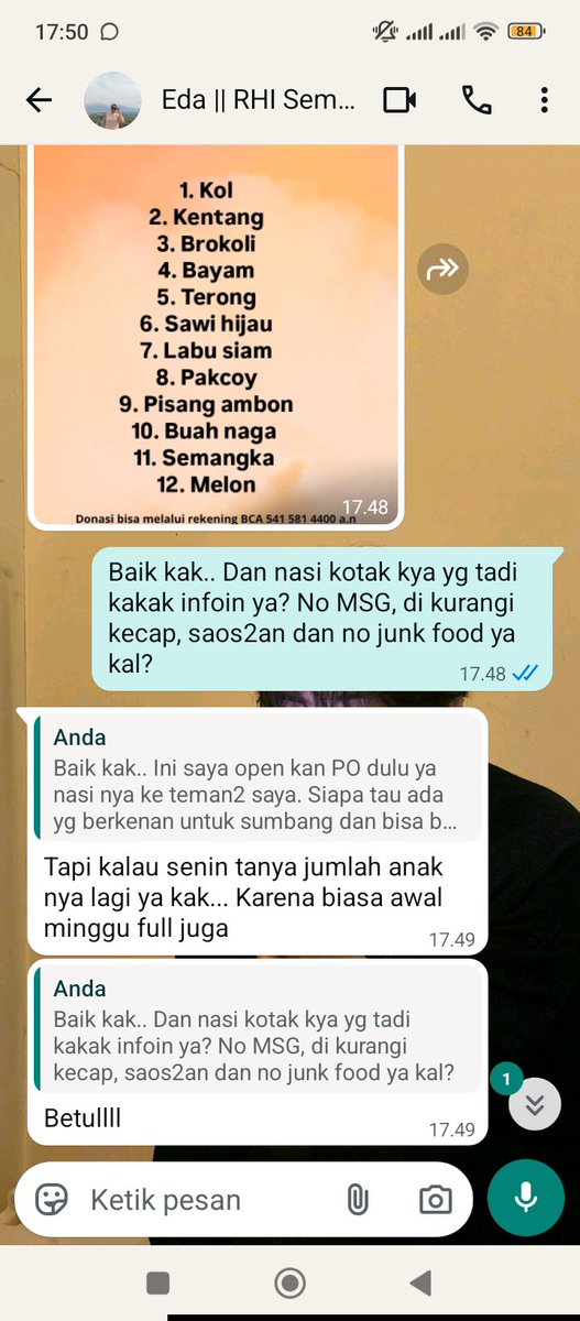 wonu__wife__'s tweet photo. Hii.. Bantu RT ya moots. 

Aku open PO nasi kotak untuk RHI Semarang ya temen2. Pengurus di sana tgl 29 Agustus WA aku dan blg sedang membutuhkan bantuan nasi kotak. Mereka jg membutuhkan sayur dan buah krn kondisi nya sedang kosong. Di RHI jumlah anak yg sedang sakit, ortu yg mendampingi anak, dan pengurus nya 40 orang. 

Target ku bikinin nasi ke sana untuk 3x makan yang berarti 120 kotak. Dan puji Tuhan sdh ada sumbangan 50 kotak dari salah 1 moots aku di sini. Aku masih butuh lagi 70 kotak. Mungkin ada yang berkenan untuk order berapapun aku terima biar ketutup semua nya dan bisa aku bagiin ke RHI nya. Nasi di aku harga nya 10rb aja ya.. Boleh order dgn nominal brp pun ya. 

Untuk nasi di RHI aku no MSG, ga banyak kecap krn anak2 di sana sedang mengurangi yg manis, no junk food, dan ga pake saos2an. 

Kalo terkumpul semua 120 kotak akan aku bikinin 3 menu yg berbeda untuk makan pagi - malam mereka. 

Dan mereka jg terima bantuan buah + sayur ya untuk anak2 nya. Yang mau sumbang jg bisa nanti aku DM alamat ku.