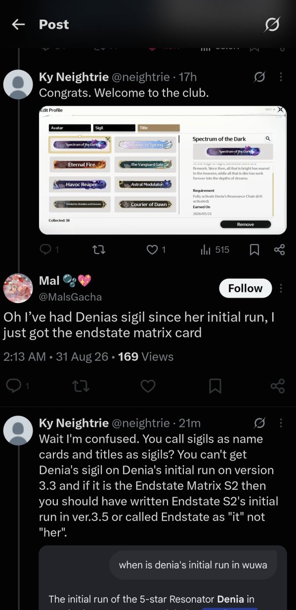 neightrie's tweet photo. I'm saddened by the fact that a fellow Denia fan has blocked me over some slight misunderstanding about sigils and titles.

Also because I edited/deleted my post 5 times to give better response.

[Blame me and my OCD for that but X won't let me edit them and it is killing me.] https://t.co/I2uqCTUyS2