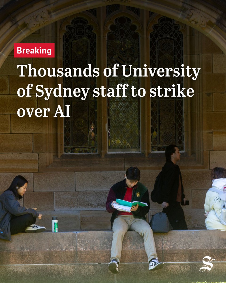 smh's tweet photo. Thousands of staff at the University of Sydney are set to go on strike on Wednesday, partly over an impasse between workers and management over artificial intelligence. https://t.co/JIHvG0FKnE https://t.co/LDgQeP4CfF