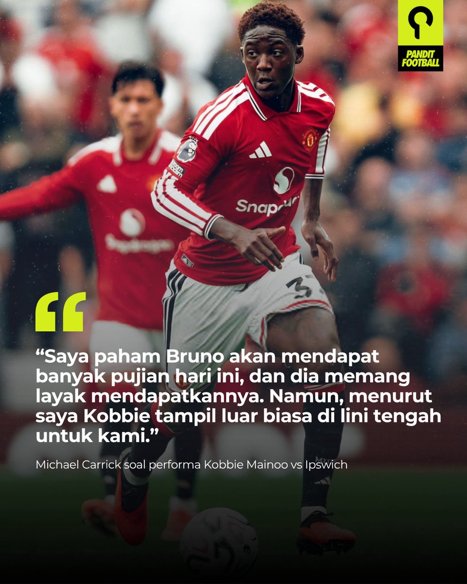 panditfootball's tweet photo. Bruno Fernandes memang mencuri semua headline. Tapi jangan lewatkan performa Kobbie Mainoo. 

Dalam kemenangan 5-2 Manchester United atas Ipswich, Bruno menjadi bintang utama dengan hat-trick + satu assist. Namun, di balik dominasi United setelah tertinggal 0-1, ada Mainoo yang tampil sangat penting di tengah lapangan.

Mainoo memberikan sesuatu yang sempat hilang dari permainan United: ketenangan saat menerima bola, kemampuan keluar dari tekanan, progresi bola, dan kontrol di lini tengah.

Ia tidak sekadar menjadi pemain yang mengalirkan bola dari belakang ke depan. Mainoo beberapa kali mampu membawa bola melewati tekanan lawan, memenangkan duel, melakukan tekel, dan membuka ruang bagi pemain-pemain di depannya untuk bergerak lebih bebas.

Salah satu momen pentingnya datang ketika umpan Mainoo melepas Matheus Cunha hingga berujung penalti untuk United. Ia juga terlibat dalam rangkaian serangan yang menghasilkan gol ketiga Bruno.

Yang menarik, Mainoo terlihat jauh lebih nyaman ketika diberi peran aktif dalam membangun serangan. Ia mampu menjadi penghubung antara lini belakang dan lini depan tanpa harus terburu-buru memainkan bola.