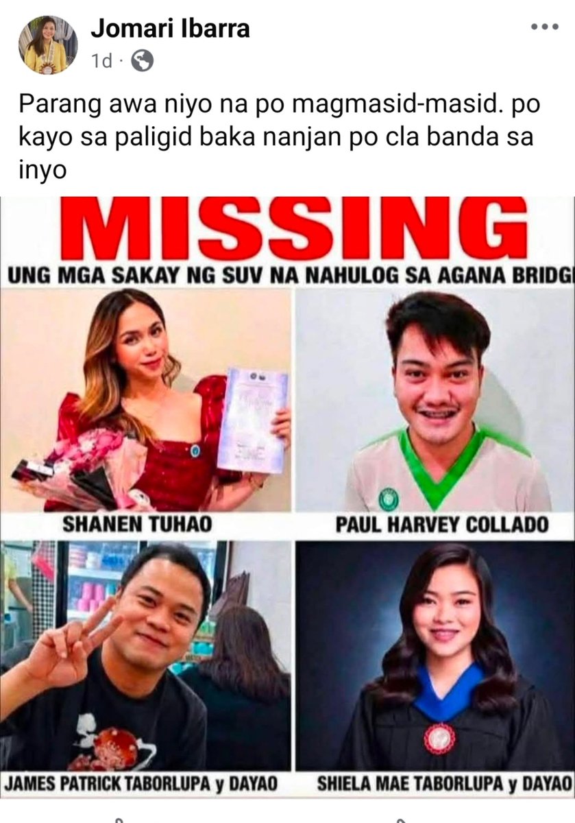 iamcailly's tweet photo. Baka po may mga taga-Tarlac dito na may madadaanan o nakatira malapit sa ilog. Sila po yung naiulat na nahulog sa nasirang Agana Bridge sa Tarlac habang sakay ng SUV, at hanggang ngayon ay hindi pa rin po nakikita.

Kung sakaling may makita po kayong anumang palatandaan, bagay, sasakyan, o anumang maaaring makatulong sa paghahanap, kindly contact po ang number na nasa picture o ipagbigay-alam agad sa kinauukulan.

Maraming salamat po sa anumang tulong at impormasyon. 🥺🙏