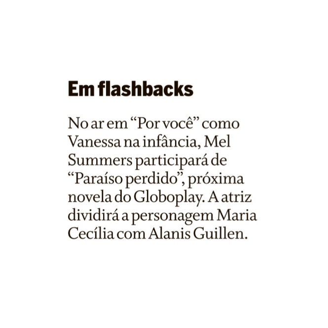forumeplay's tweet photo. Mel Summers, que está no ar em Por Você como Vanessa na infância, estará na próxima novela do Globoplay, #ParaísoPerdido. A atriz interpretará Maria Cecília na primeira fase da personagem, que será vivida por Alanis Guillen na fase adulta.

🗞️ Coluna Play https://t.co/M1n1ZbW9BM