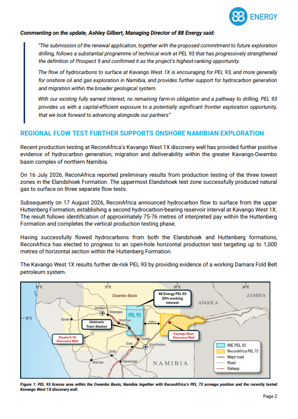 PatrickJBourke's tweet photo. @AzizSapphire @88EnergyLtd @TotalEnergies @GalpPress In onshore #Namibia, @88EnergyLtd (20% WI) reports that the JV has applied for a two-year Second Renewal Exploration Period (from 10/2026) for PEL 93, with a proposed program that includes drilling at least one exploration well, $88E $88E.ax $88E.L $EEENF #88E #oil #natgas #oott https://t.co/esJxmIEPj8