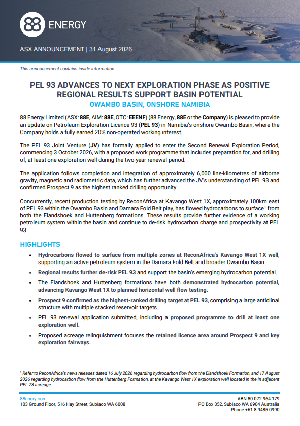 PatrickJBourke's tweet photo. @AzizSapphire @88EnergyLtd @TotalEnergies @GalpPress In onshore #Namibia, @88EnergyLtd (20% WI) reports that the JV has applied for a two-year Second Renewal Exploration Period (from 10/2026) for PEL 93, with a proposed program that includes drilling at least one exploration well, $88E $88E.ax $88E.L $EEENF #88E #oil #natgas #oott https://t.co/esJxmIEPj8