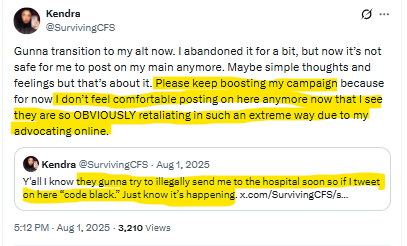 ScamFinderSam's tweet photo. Oh look, a tweet from August of 2025, when the scammer was in an entirely different facility. Different facility, different year, begging for money while saying she's not safe, the place is retaliating and going to try to send her to the hospital illegally. Sounds familiar, huh? https://t.co/wxC6jBSNF2