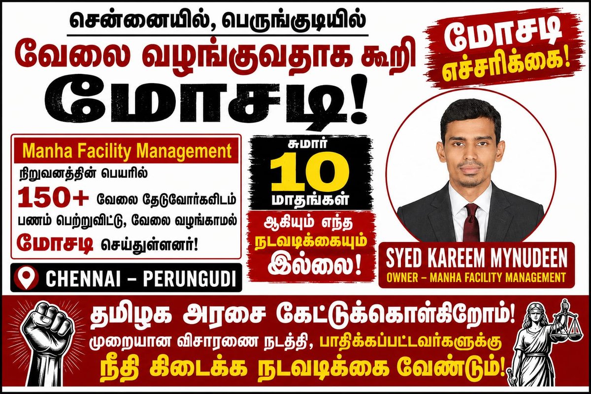 muthukumar10390's tweet photo. @CMOTamilnadu @TVKVijayHQ @VigneshTvkCbe @arunraajkg @TVK_NewsTrichy @RameshOffcl @TVKWarriorsHQ @TVK_NewsTrichy @TVKHQITWingOffl @BussyAnand @AadhavArjuna @imrajmohan @JCDPrabhakar @OfficeOfNAnand

மாண்புமிகு தமிழக அரசின் கவனத்திற்கு,

சென்னை பெருங்குடியில் நடைபெற்ற வேலைவாய்ப்பு மற்றும் பணமோசடி தொடர்பாக, கடந்த 10 மாதங்களாக துரைப்பாக்கம் காவல் நிலையம், காவல் ஆணையர் அலுவலகம் மற்றும் CM Cell என பலமுறை புகார் அளித்தும் இதுவரை முறையான விசாரணையோ நடவடிக்கையோ இல்லை.
150+ பேர் பாதிக்கப்பட்டு, சுமார் ₹5 கோடிக்கும் மேல் மோசடி செய்யப்பட்டதாக குற்றச்சாட்டு உள்ள நிலையில், இவ்விவகாரத்தில் ஏன் இதுவரை உரிய நடவடிக்கை இல்லை?