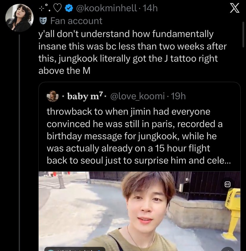 vocalaces's tweet photo. This cult still cant accept the truth when jk explained that tattoo is his own name JUNGKOOK and has nothing to di with that pig. Did they forget at that time jimid was dating song daeun? https://t.co/4iteHhYrht