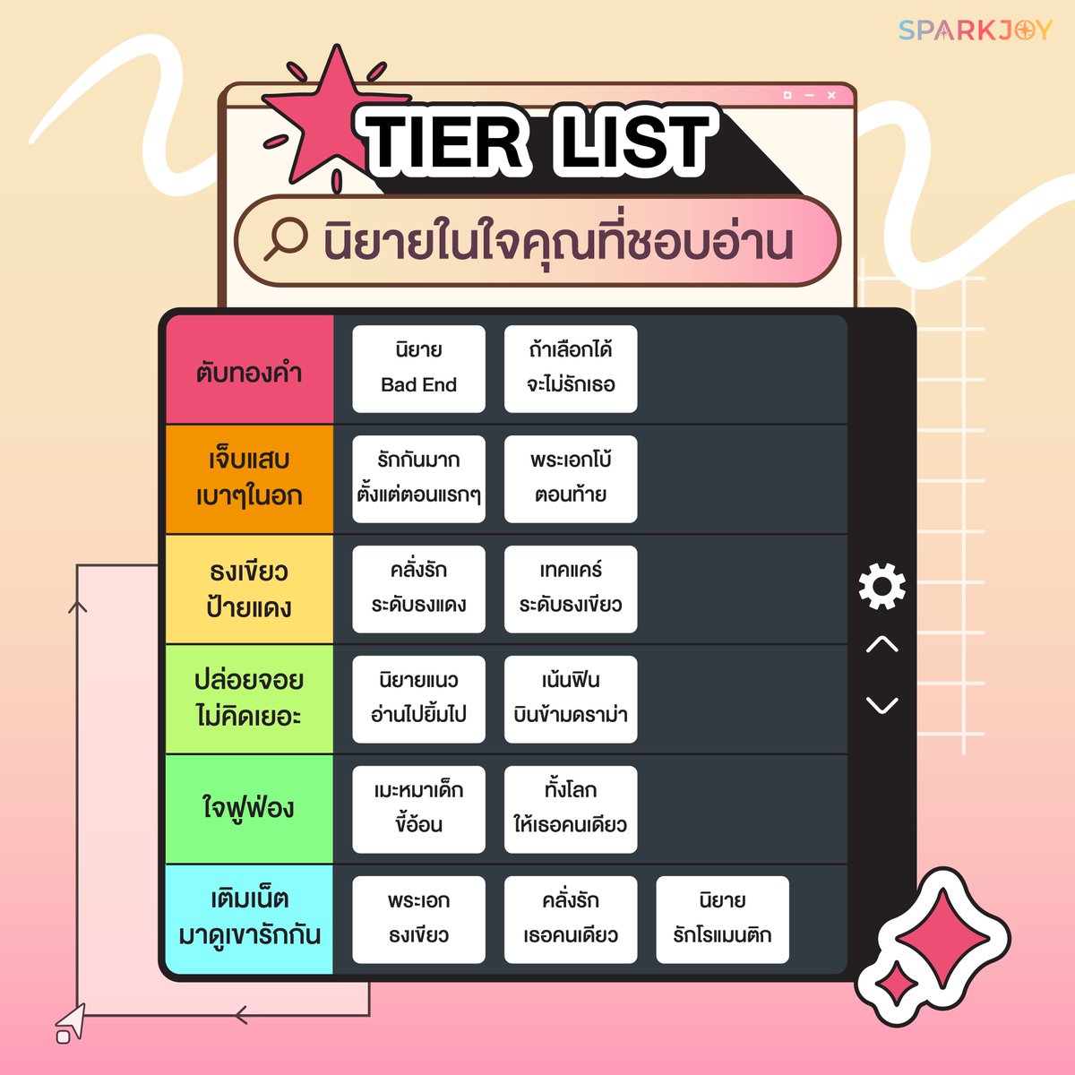 Sparkjoynovel's tweet photo. มาจัด TIER LIST นิยายในใจกัน
#SparkJoy #สปาร์คจอย #SparkJoyNovel #อ่านนิยาย #แอปอ่านนิยาย #สายอ่าน
-----------------------
แวะมา SparkJoy กับพวกเราได้ง่าย ๆ!
📱 ค้นหาคำว่า SparkJoy บน App Store หรือ Play Store แล้วดาวน์โหลดได้เลย!
🌐 ใช้งานเว็บไซต์ https://t.co/Jk4ldsaOe9 https://t.co/YAWfNHLOOk