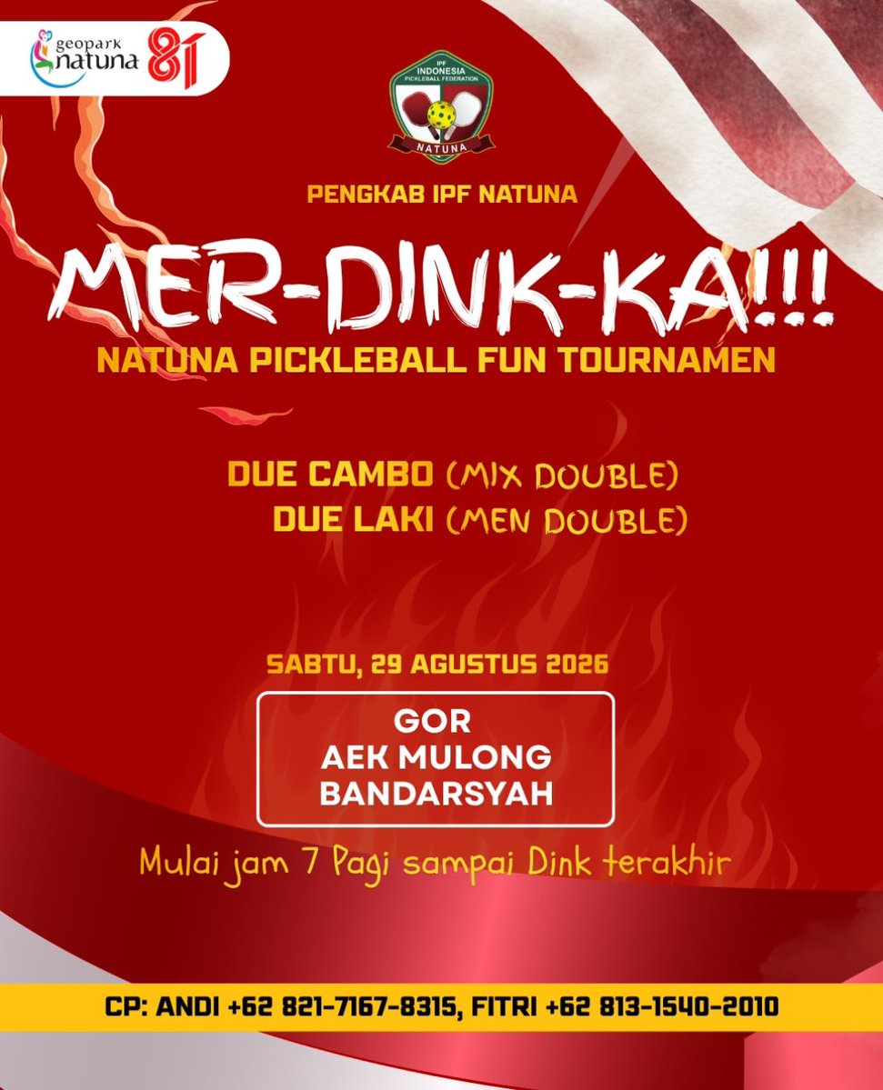 PB_PICKLEBALL's tweet photo. "MER-DINK-KA!!! 🇮🇩🏓

Mengawali pertandingan dengan doa dan menyatukan semangat di lapangan. Pengkab IPF Natuna menggelar Natuna Pickleball Fun Tournament untuk menyemarakkan bulan kemerdekaan 

#IPFNatuna #PickleballNatuna #MerDinkKa #NatunaPickleball https://t.co/OaaaR4C8w2