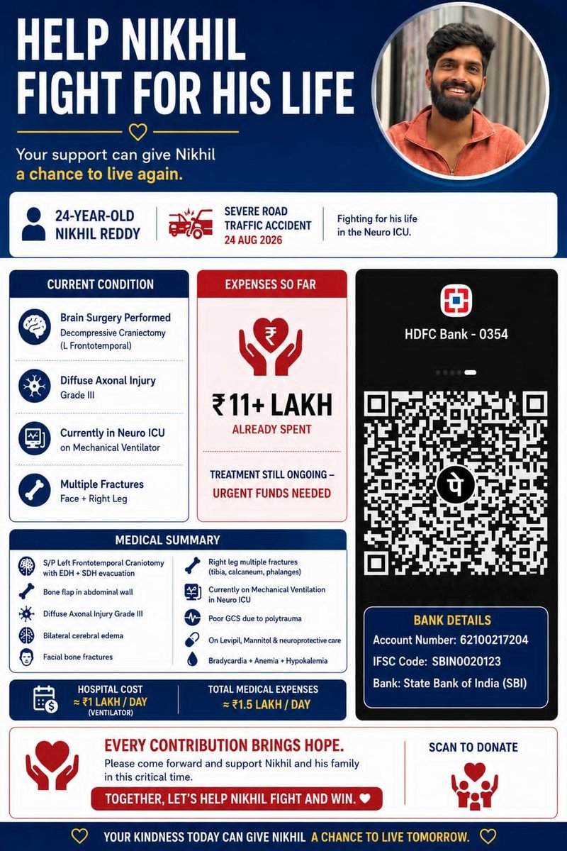 SaiReturns's tweet photo. Emergency 🚨 Rts for better reach. 

On last Monday ma thammudu valla frnd ki accident aindhi inka patient kallu thervaledu. present 12 lakhs varaku karchu aindhi, inka parents tho avvatledi money set avvatledu anta.

present yashoda hospital lo unnadu 
Thana parents hospital change chedham antunaru kani yashoda lo doctors on time untar anni thana frnds em vodhu money mem set chestham anni chepparu. chala expensive undhi hospital lo treatment baguntundi anni adhey hospital lo uncharu, But inka money set chesthunam. Meeru kuda if possible emana help chestanu ante help cheyandi. EEven single rupee aina vallaki entho kontha use avthundi

Account Number: 62100217204
IFSC Code: SBIN0020123
Bank: State Bank of India (SBI)
For more details: +91 8179828897 ;+91 97050 95567; +91 63018 99800