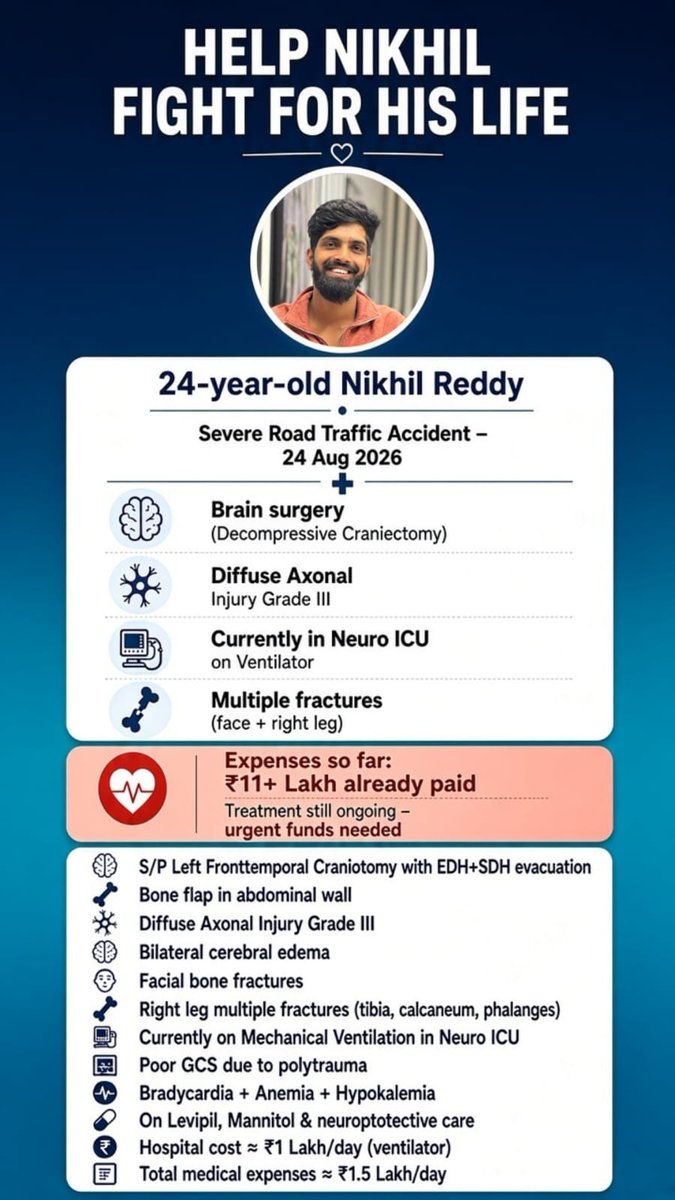 SaiReturns's tweet photo. Emergency 🚨 Rts for better reach. 

On last Monday ma thammudu valla frnd ki accident aindhi inka patient kallu thervaledu. present 12 lakhs varaku karchu aindhi, inka parents tho avvatledi money set avvatledu anta.

present yashoda hospital lo unnadu 
Thana parents hospital change chedham antunaru kani yashoda lo doctors on time untar anni thana frnds em vodhu money mem set chestham anni chepparu. chala expensive undhi hospital lo treatment baguntundi anni adhey hospital lo uncharu, But inka money set chesthunam. Meeru kuda if possible emana help chestanu ante help cheyandi. EEven single rupee aina vallaki entho kontha use avthundi

Account Number: 62100217204
IFSC Code: SBIN0020123
Bank: State Bank of India (SBI)
For more details: +91 8179828897 ;+91 97050 95567; +91 63018 99800