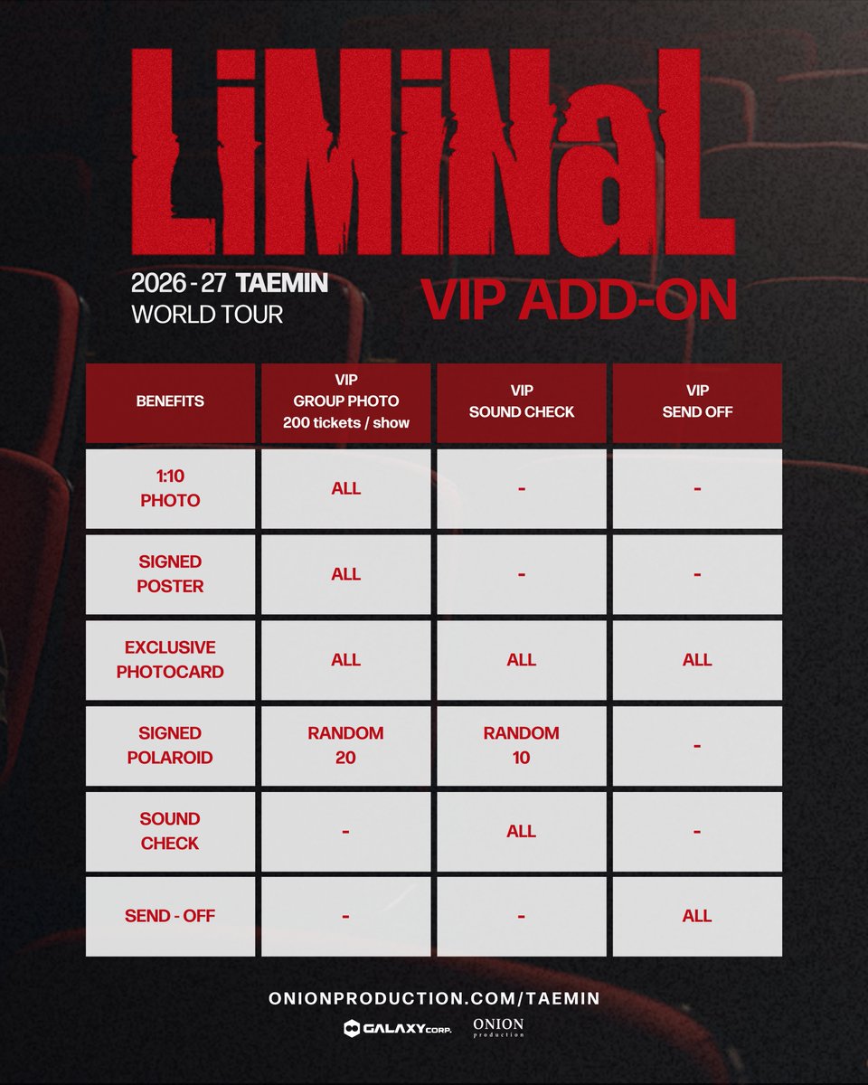 onionprdctn's tweet photo. VIP ADD-ON BENEFITS released! 
2026–27 TAEMIN WORLD TOUR <LiMiNaL> Europe & UK. Tickets On Sale Now!
Official ticket link: https://t.co/lqjg7AvJ45

2026–27 TAEMIN WORLD TOUR <LiMiNaL> Europe & UK
📍 16 Nov ➫ Paris, France ➫ Adidas Arena
📍 18 Nov ➫ Berlin, Germany ➫ Uber Eats Music Hall
📍 20 Nov ➫ Frankfurt, Germany ➫ myticket Jahrhunderthalle Frankfurt
📍 22 Nov ➫ London, UK ➫ OVO Arena Wembley
📍 24 Nov ➫ Amsterdam, Netherlands ➫ AFAS Live
more to be announced...

The K-pop artists’ favorite artist, TAEMIN, returns to Europe with his second world tour, <LiMiNaL>.

South Korean superstar TAEMIN is one of the most respected and influential artists in K-pop. A celebrated solo artist and a member of the iconic group SHINee, he has spent nearly two decades redefining K-pop through his innovative performances and artistic vision, earning him the title “Idol’s Idol.”

Following milestone performances at Coachella and BST Hyde Park, TAEMIN brings his second world tour, <LiMiNaL>, to Europe & UK. Derived from the Latin word limen, meaning “threshold” or “boundary” the tour reflects TAEMIN’s ongoing evolution as he pushes beyond the conventional limits of a K-pop artist to further define his singular artistic identity through his signature artistry and world-class performances.

@xoalsox #TAEMIN #태민
#OnionProduction @onionproduction