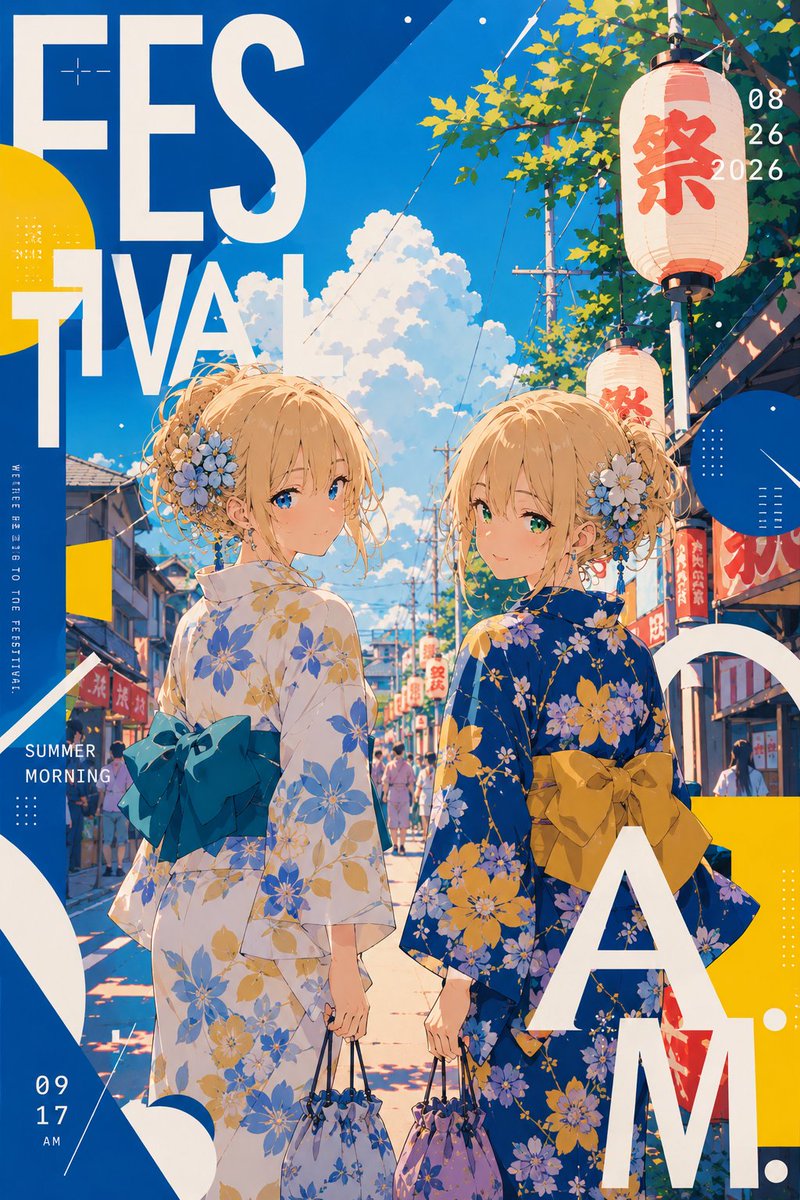 TozyoZin's tweet photo. 『8月31日、夏を終わらせない。』

今日で8月が終わる。

でも青い空も、
蝉の声も、祭りの気配も、
まだちゃんと夏だった。

少し寂しいからこそ、
最後の日は特別になる。

「夏、もうちょっとだけ延長しよ？」

Yui &amp; Meiと、
8月最後の夏祭りへ。

#YuiMeiProject 
#AIイラスト https://t.co/KcHM5cJRNI