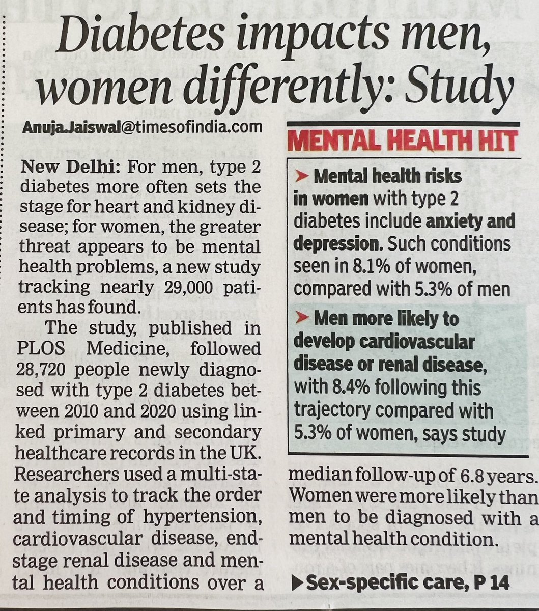 baxirahul's tweet photo. Type 2 diabetes doesn’t follow the same trajectory in men and women.

A new PLOS Medicine study of 28,720 people found:

• Mental health conditions: 8.1% women vs 5.3% men

• CVD/ESRD: 8.4% men vs 5.3% women

• Hypertension remained the commonest complication in both (above 20%) 

Diabetes care should look beyond HbA1c. Screen for mental health, while aggressively addressing heart and kidney risk, tailored to the individual, including sex and age.