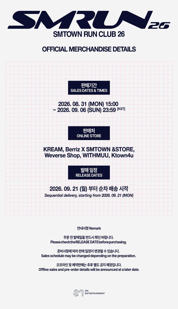 SMTOWNGLOBAL's tweet photo. SMTOWN RUN CLUB 26
OFFICIAL MERCHANDISE SALES DETAILS

▶ SALES DATES
FAST DELIVERY :
2026. 08. 31 (MON) 15:00 ~ 2026. 09. 06 (SUN) 23:59 [KST]

▶ ONLINE STORE
https://t.co/hrpmuJSsoT

#smtown
#smtownrunclub
#smtownrunclub26 https://t.co/IO584liJss