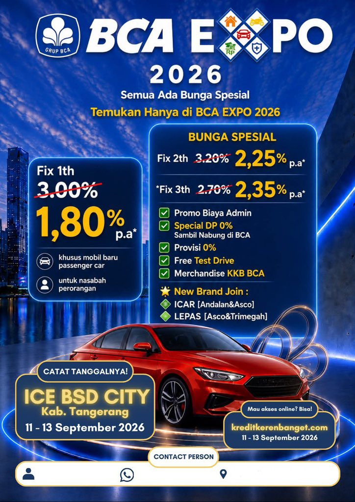 nelnoll's tweet photo. hiii mas mbak yang lagi cari mobil 🚗🚙🚐
BCA Expo lagi ada promo bunga start from 1,8% per thn 🥹
+ diskon admin
+ diskon provisi
+ diskon lainnyaaaa

yuk yg mau tanya2 pricelist / dibuatin simulasi DM akuu￼

#bcaexpo #mobilbaru #kreditmobil #mobillistrik https://t.co/Qkwg1qfHMz