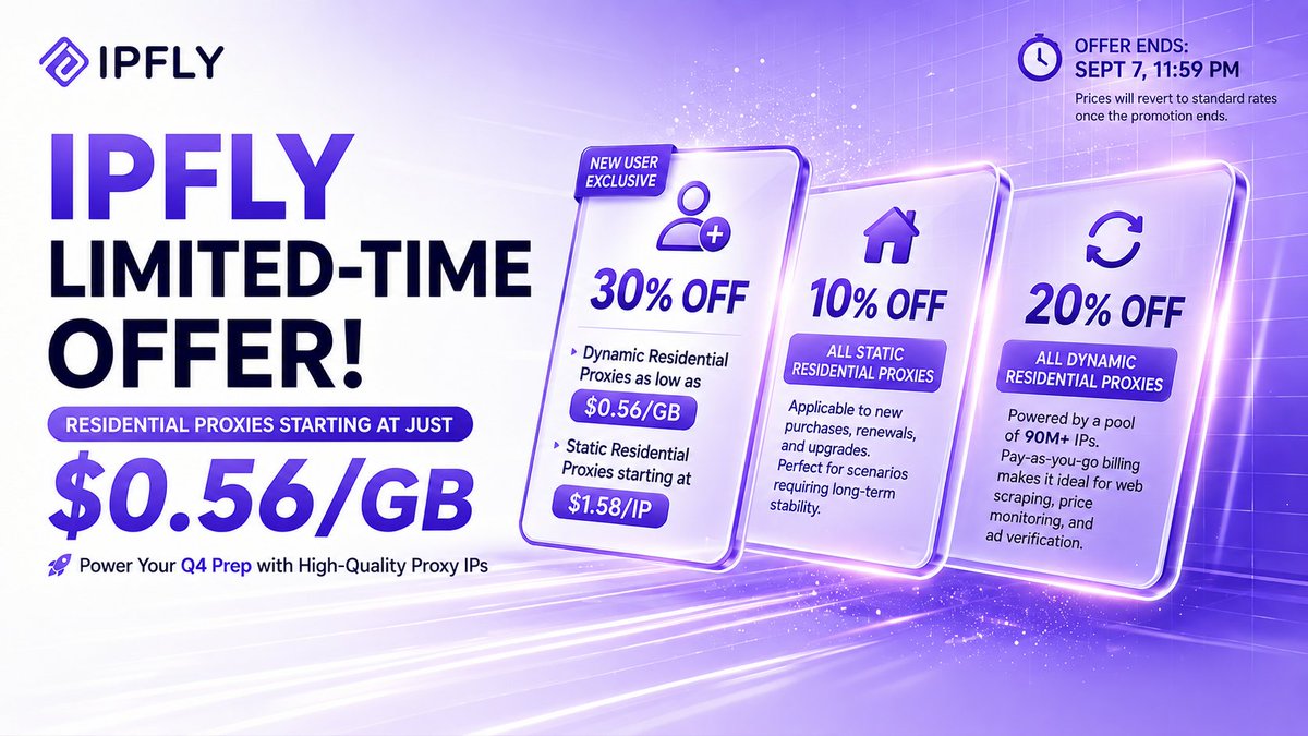 ipflyproxy's tweet photo. 🔥 IPFLY Limited‑Time Deal! Q4 prep season is here — IPFLY proxies perfectly fit store management and product monitoring workflows.
🎁 New User Exclusive:Static residential proxies as low as: $1.58/IP
👉 Claim Your Discount Now: https://t.co/x4x9Bwg1oy https://t.co/l8Ho7N0sBe