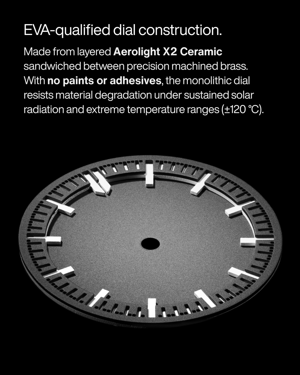 barrelhand_inc's tweet photo. Monolith’s dial uses a solid luminous ceramic architecture built around Swiss Super-Luminova Aerolight X2 Ceramic. Developed for EVA/IVA-use and validated across Monolith’s operating temperature range in vacuum (-120°C to +120°C), the system was designed around long-term readability under extreme environmental exposure.

The increased luminous material volume enables approximately 4× higher brightness than silk-screen-printed C3-X1 grade after one hour at equivalent surface area, while eliminating paint and adhesive layers that may become environmental failure points.

Learn more about Monolith: https://t.co/kYdkO4XKKU