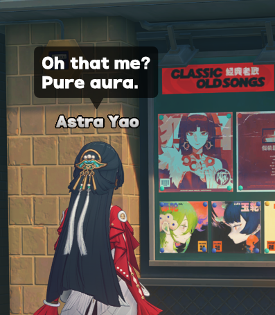 PopEridu's tweet photo. Astra Yao was spotted glazing herself publicly in front of the Bardic Needle music store. https://t.co/eVVUmo6M1l