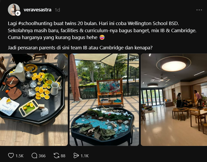 karirfess's tweet photo. Kakak ini cerita kalo dia lagi cari sekolahan untuk anaknya.. yang umurnya 20 bulan. Hari ini coba Wellington School BSD.

Sekolahnya masih baru. Fasilitas dan kurikulumnya bagus, campur IB dan Cambridge. Yang bikin mikir: harganya.

Lalu muncul perbandingan dari Netizen..
Biaya tahunan sekolah internasional di Indonesia bisa hampir 3 kali lipat sekolah internasional di Italia yang juga pakai IB.

Kalau dikonversi, di Indonesia bisa setara 26 ribu euro setahun.  
Di Italia paling 11–12 ribu euro.

Padahal pendidikan itu hak dasar. Di Italia, sekolah negeri saja sudah bagus dan gratis. Pendekatan Montessori pun tidak otomatis berarti harus mahal.