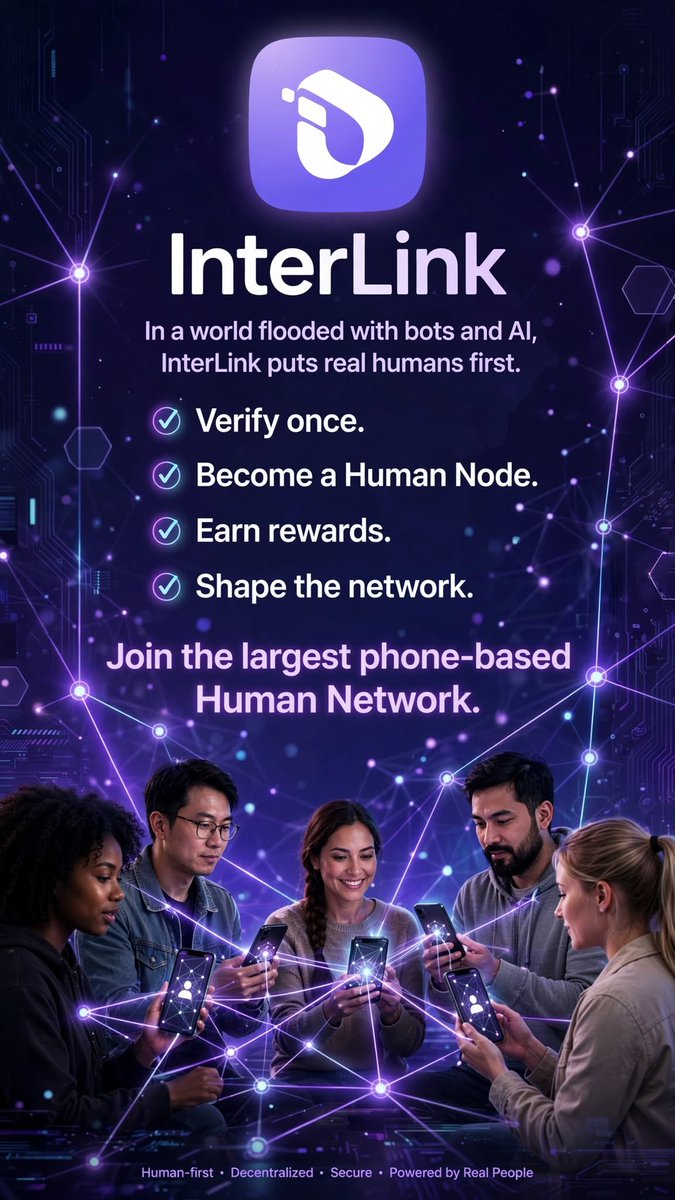 AJIBADE044's tweet photo. In a world flooded with bots and AI, InterLink puts real humans first.
Verify once. Become a Human Node. Earn rewards. Shape the network.
Join the largest phone-based Human Network.
#InterLink #ITLG #ITL https://t.co/19fWz0Yu7C