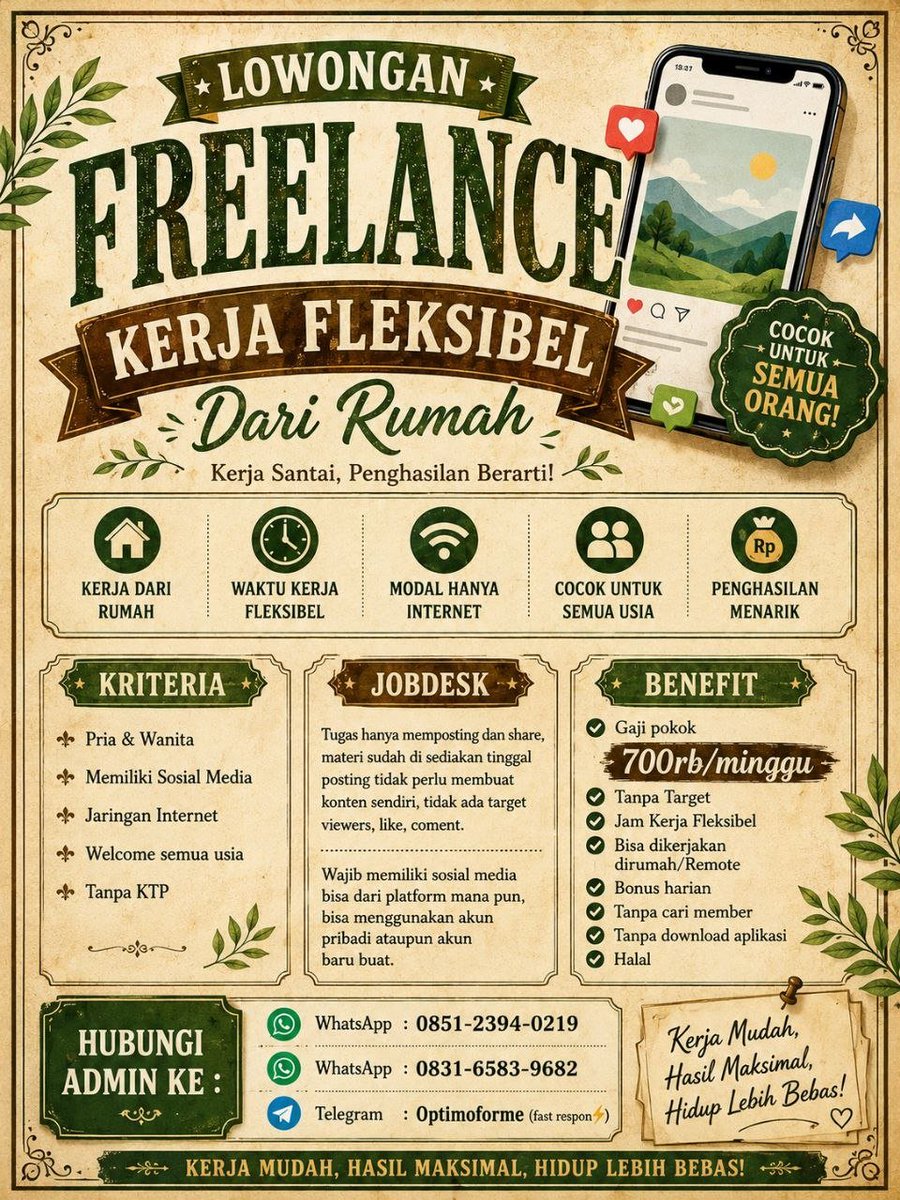MagdalenaFina's tweet photo. Lagi cari freelance yang bisa dikerjakan dari rumah? 👀🏠

Ada posisi Admin Online nih!

📱 Sosial media
📌 Posting &amp; share materi
⏰ Fleksibel
🎯 Tanpa target

Mau info? DM aja 💚

#Loker #Freelance #WFH https://t.co/KCIUNsNIfI